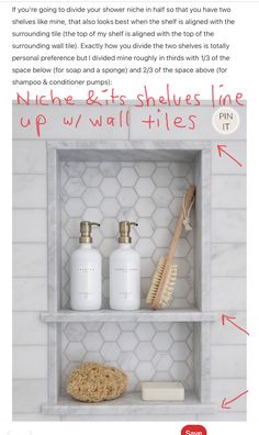 a shelf with two bottles and soaps on it, labeled how to clean the shelves