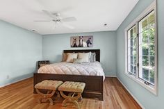 a bedroom with blue walls and hardwood floors, including a bed in the center surrounded by two stools