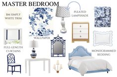 a bedroom with blue and white decor on the walls, bedding, nightstands, lamp, mirror, lampshade