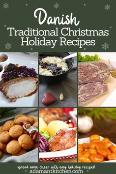 the cover of danish traditional christmas holiday recipes, with pictures of different foods and desserts