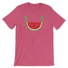 Dancing Watermelon Funny Shirt | watermelon shirt, watermelon, summer shirt, watermelon birthday, fruit shirt, birthday shirt We print on everything! In our shop you will find our designs mostly on short sleeve shirts, but since we use Printful's printing services we can print any design on any type of shirt or item you can see here: https://www.printful.com/custom-products You are welcome to send us a message if you want a design printed on any of the items on the Printful website. Dancing Wate Playful Red T-shirt For Summer, Playful Red Summer Tops, Playful Red Tops For Summer, Red Strawberry Print Top For Summer, Red T-shirt For Summer Vacation, Fun Green Summer Shirt, Funny Print Shirt For Summer, Red Short Sleeve T-shirt With Fruit Print, Summer Red Top With Funny Print