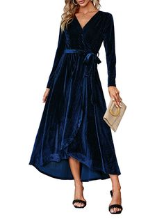 PRICES MAY VARY. 🏝The gorgeous prom formal wrap dress features pretty long sleeve and wrap v-neckline 🏝Empire waist with undetachable belt,wrap skit with ruffle trimming for this vintage velvet long dress. 🏝Flowy hemline design bring a swing and flare look with your walking 🏝Fabulous style with high heels,wedges or mules,suitable for beach,party,vacation,banquet,concert,wedding,etc 🏝Material & Care:Velvet Material with 95% polyester and 5% elastane,Cold hand wash, do not tumble dry, using m Sukienki Plus Size, Floral Wrap Maxi Dress, Semi Formal Dress, Long Sleeve Wrap Dress, Cocktail Attire, Maxi Dress Wedding, Maxi Dress Party, Maxi Wrap Dress