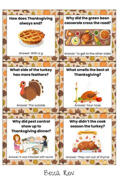 four thanksgiving cards with turkeys and other foods