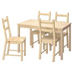 a wooden table and four chairs with one chair on the other side, set against a white background