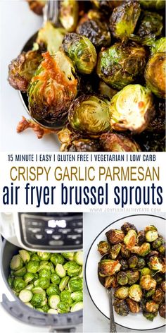 grilled brussel sprouts with text overlay that reads crispy garlic parmesan air fryer brussel sprouts