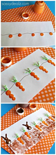 carrots are cut out from paper and placed on a table