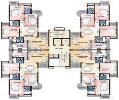 the floor plan for an apartment building with multiple floors and two balconies on each level