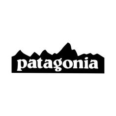 the patagonia logo is shown in black and white, with mountains behind it