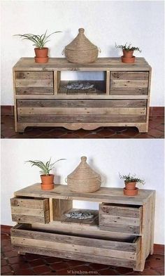 two wooden drawers with plants on top and one in the bottom, both made out of pallet wood