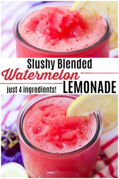 two glasses filled with watermelon lemonade and garnished with sliced lemons