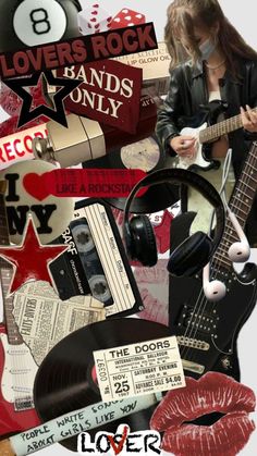 a collage of various items including an electric guitar