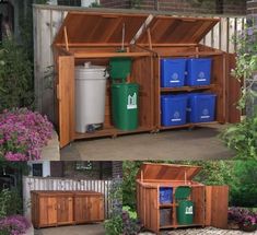 several different pictures of an outdoor storage area with trash cans and bins in it