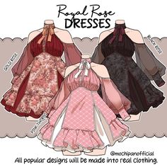 three dresses with different patterns on them, one is pink and the other is brown