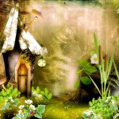 a digital painting of a fairy house in the woods with mushrooms and flowers around it