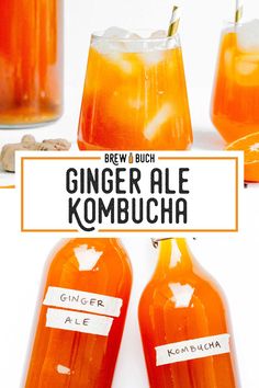 two glasses filled with ginger ale kombucha on top of a white table