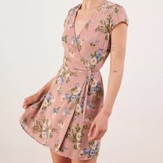 Brand New Without Tags. Size Small, Perfect Condition Mauve Floral Print Dress For Garden Party, Mauve Floral Print Summer Dress, Elegant Pink Wrap Dress For Brunch, Feminine Fitted A-line Floral Dress, Fitted Feminine Floral V-neck Dress, Feminine Fitted V-neck Floral Dress, Fitted V-neck Feminine Floral Dress, Spring Floral Print Mauve Dress, Chic Mauve Dress For Garden Party