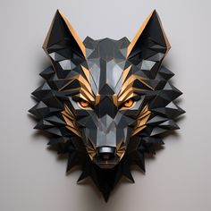 a black and gold paper sculpture of a wolf's head with glowing orange eyes