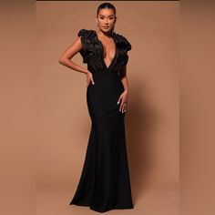 Show Stopping, Breath Taking Black Gown Black Floor-length Party Gown, Black V-neck Gown With Sweep Train, Black Ruffle Gown For Prom Season, Black Ruffled Gown For Prom Season, Black Ruffled Gown For Wedding, Glamorous Full-length Black Gown, Glamorous Black Maxi Evening Dress, Glamorous Fitted Black Gown, Glamorous Black Fitted Gown