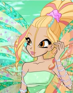 a cartoon girl with blonde hair and big brown eyes wearing a green dress, holding her hand up to her face