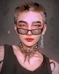 a digital painting of a woman with glasses and tattoos on her face, looking at the camera