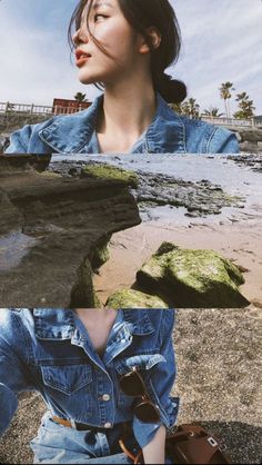 a woman sitting on top of a beach next to the ocean with her eyes closed