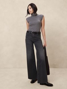 High-Rise Wide-Leg Raw Hem Jean | Banana Republic Factory Stretch Denim Fabric, Jean Vintage, Shorts Outfits, Raw Hem Jeans, Shank Button, Banana Republic Factory, Water Quality, Fall Collection, Fall Collections