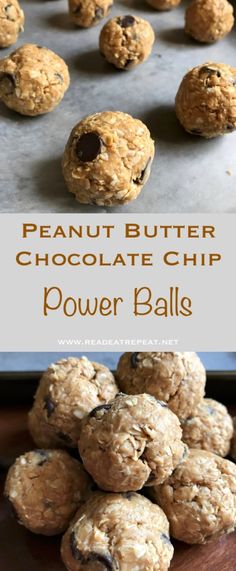 peanut butter chocolate chip power ball recipe on a baking sheet and in the background is a pile of cookies