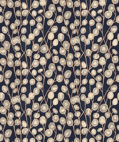 an abstract floral pattern with small white flowers on a dark blue background in shades of gray and beige