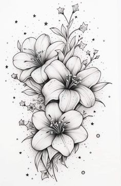 a drawing of flowers with stars on the side and in the middle, black and white