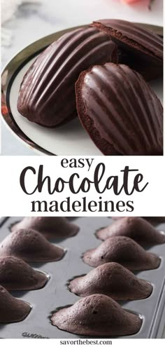 Two photos showing chocolate madeleines dipped in dark chocolate. Recipe For Madeleine Cookies, Madeline Cookies Dipped, Easy Patisserie Recipes, Chocolate Dipped Madeleines, Savory Madelines, Christmas Madeline Cookies, Madeleines Christmas, Filled Madeleines