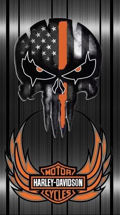 the harley davidson logo with an american flag in the center and two skulls on it