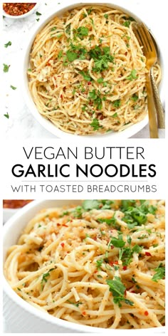 two pictures with the words vegan butter garlic noodles in them