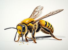 a drawing of a bee on a white background with yellow and black stripes, its head turned to the right