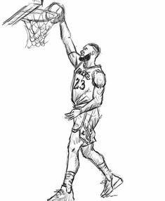 a drawing of a basketball player dunking the ball with his hand and holding it in the air