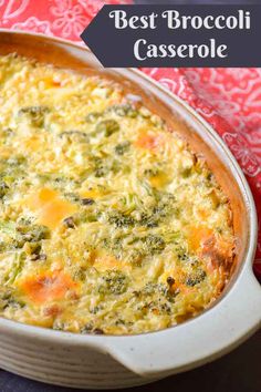 broccoli casserole in a white dish on a red cloth