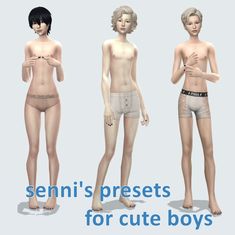 three mannequins are shown with the words genni's presets for cute boys