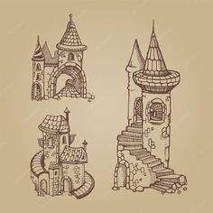 three different types of castles drawn in ink on brown paper, each with a castle and stairs