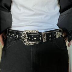 y2k 2000s rhinestones detailing, with silver metal crosses grunge Vegan Leather belt Style: Grunge/Emo Unisex! Super slick and high quality material One size fits most 44" L  1.5" W brand new Grunge Belt, Metal Belt Outfit, Belts Outfits, Rhinestone Belt Outfit, Black Belt Outfit, Belts Aesthetic, Bling Belts, Rhinestone Belt, Studded Belt