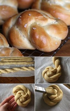 there are several pictures of bread rolls being made