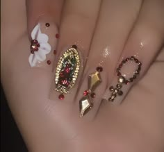 Short Chicana Nails, Acrylic Nail Designs Mexican, Mexican Nails Designs Almond, Acrylic Nails Mexican Design, Blue Virgencita Nails, Chicana Nails Short