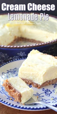 a piece of lemonade pie on a blue and white plate next to a fork