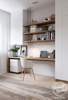 a room with a desk, chair and bookshelf next to a large window