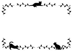 a black and white silhouette of two cats sitting on top of a branch with leaves