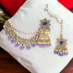 Beautiful Lavender Mirror Earring Set Bahubali Earrings/ Kaamchain/Earchain/Indian Pakistani Jhumkis  Mirror Bahubali Set Bahubali Earrings, Lilac Earrings, Earring Set, Jewelry Earrings Dangle, Lilac, Dangle Drop Earrings, Dangle Earrings, Lavender, Jewelry Earrings