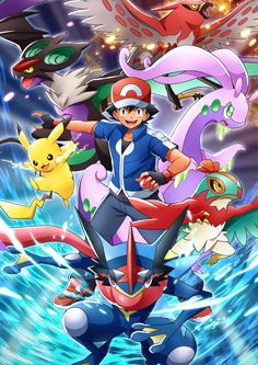 the pokemon movie poster with various characters in front of water and stars, including an image of