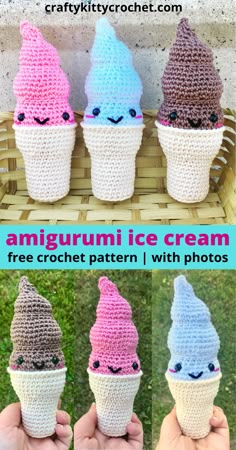 crochet ice cream cone pattern with photos and text overlay that says, free crochet patterns