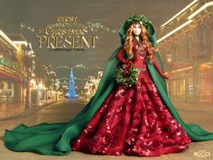 a doll dressed in red and green is standing on the street at christmas time with lights around her