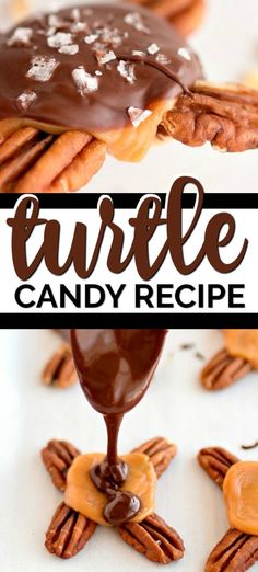 turtle candy recipe with chocolate on top and pecans in the middle, topped with caramel drizzle