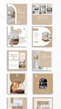 a set of brochures for interior design and decorating, with beige accents