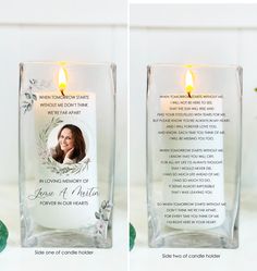 two candles that have been placed next to each other with the same photo on them